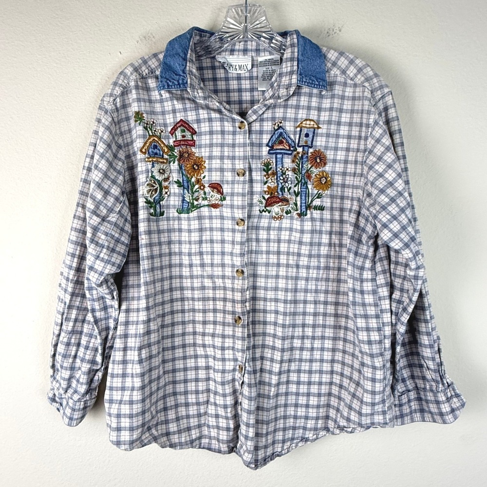 Casey & Max Button Up Women L Plaid Birdhouse Embroidered Denim Collar Top